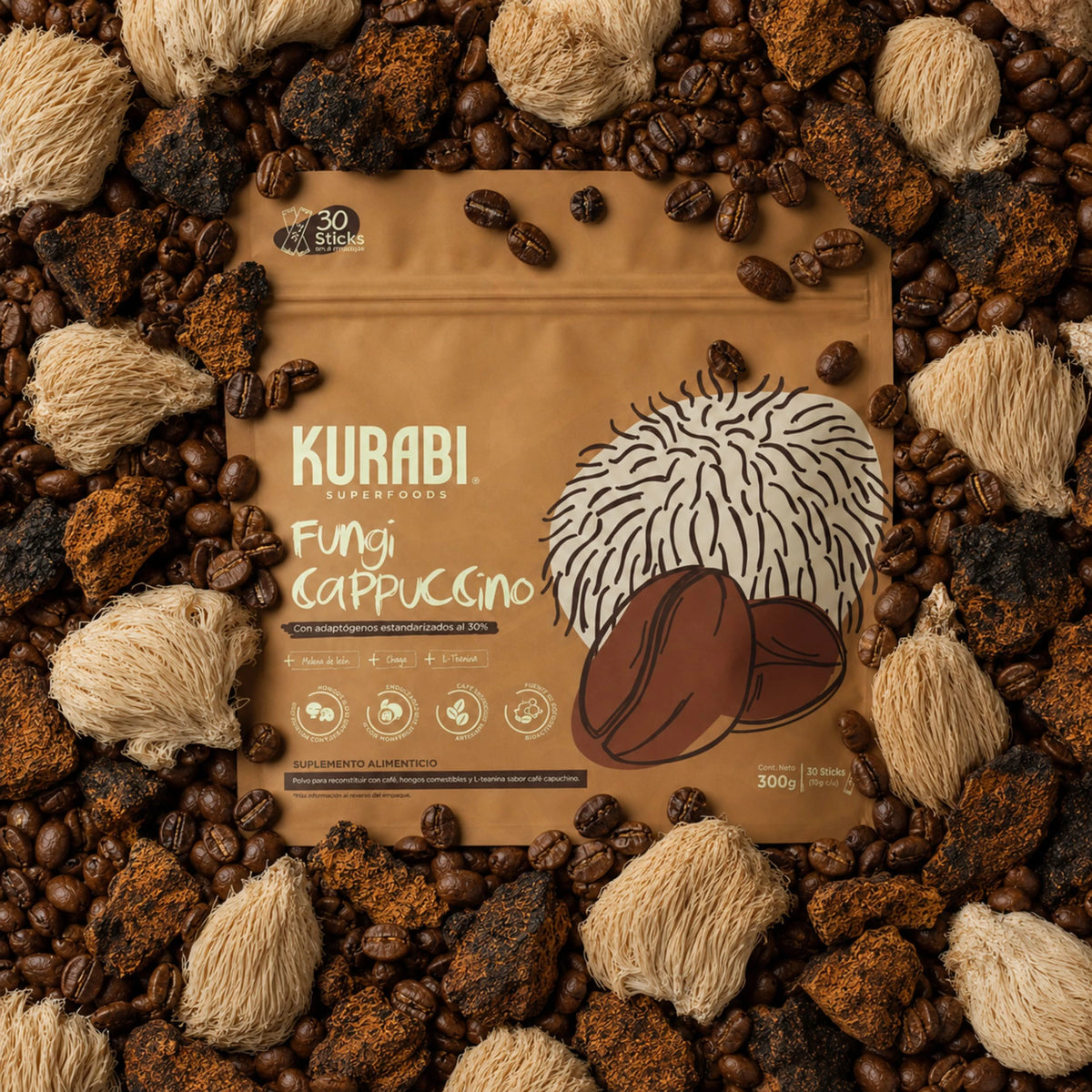 Bolsa resellable de Fungi Capuchino, café funcional Kurabi