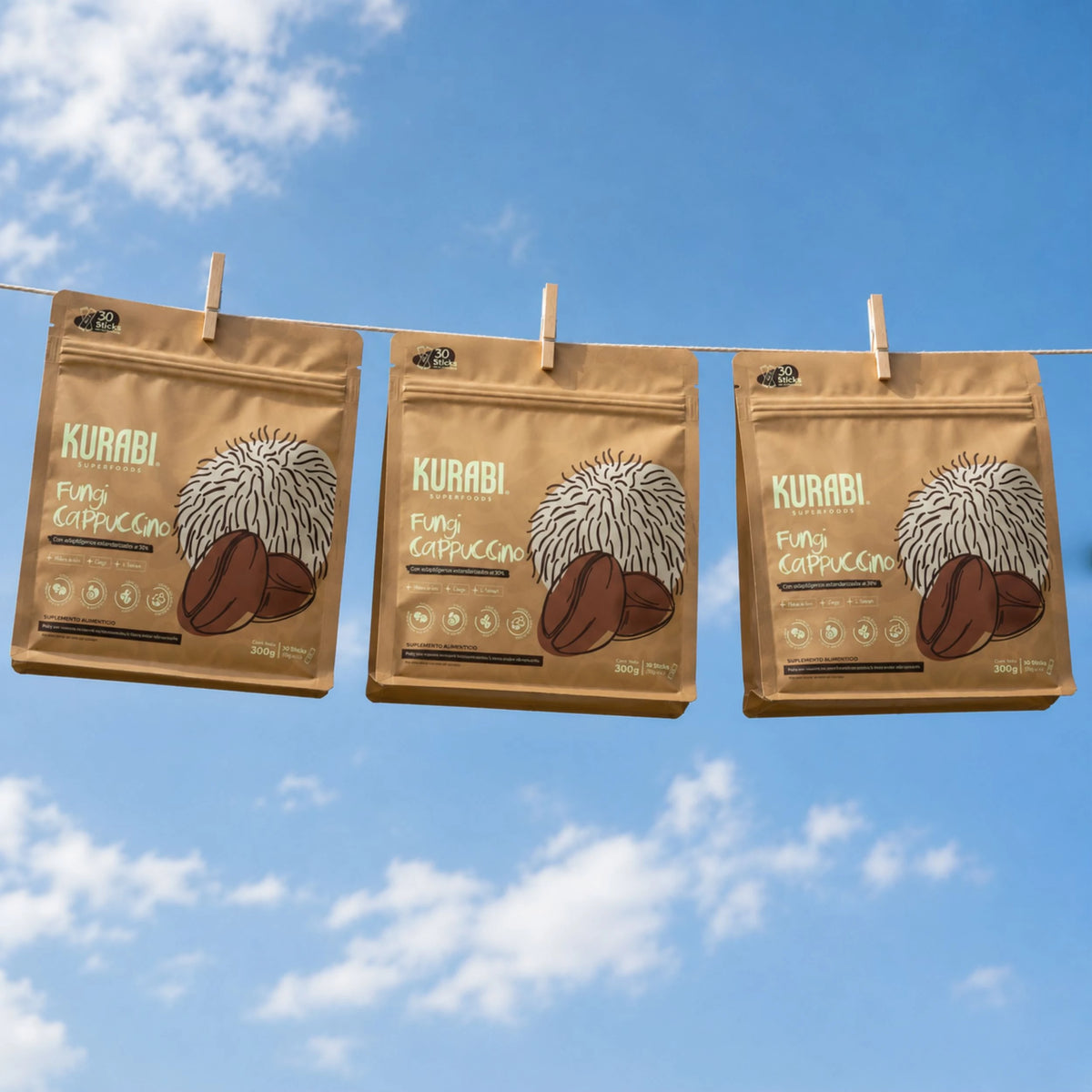Empaques de Fungi Capuchino colgados, presentación de punto de venta