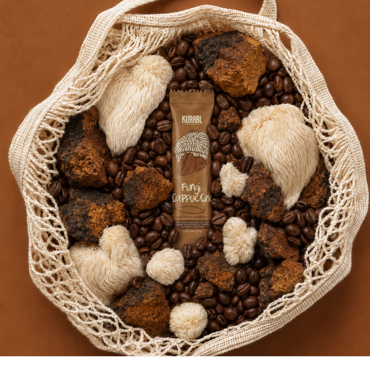 Stick de Fungi Capuchino en bolsa de mandado, ideal para llevar a todas partes